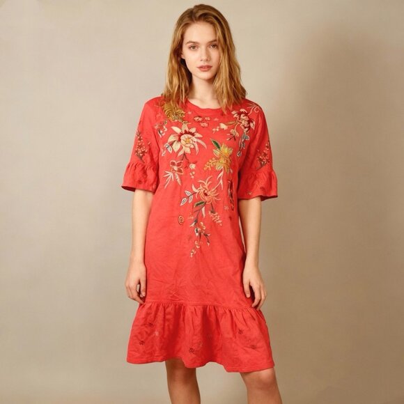 NWOT JOHNNY WAS Andrean Embroidered Ruffle Sleeve Knit Dress Guava Pink Size S